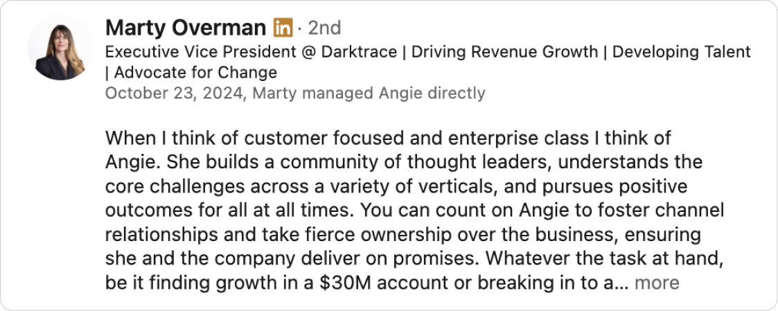 LinkedIn recommendation for Angie from Marty Overman, Executive Vice President at Darktrace